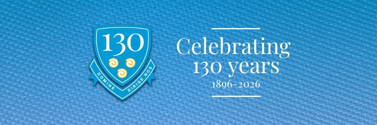 Blue anniversary banner celebrating 130 years (1896–2026) with a left crest on a textured blue background.