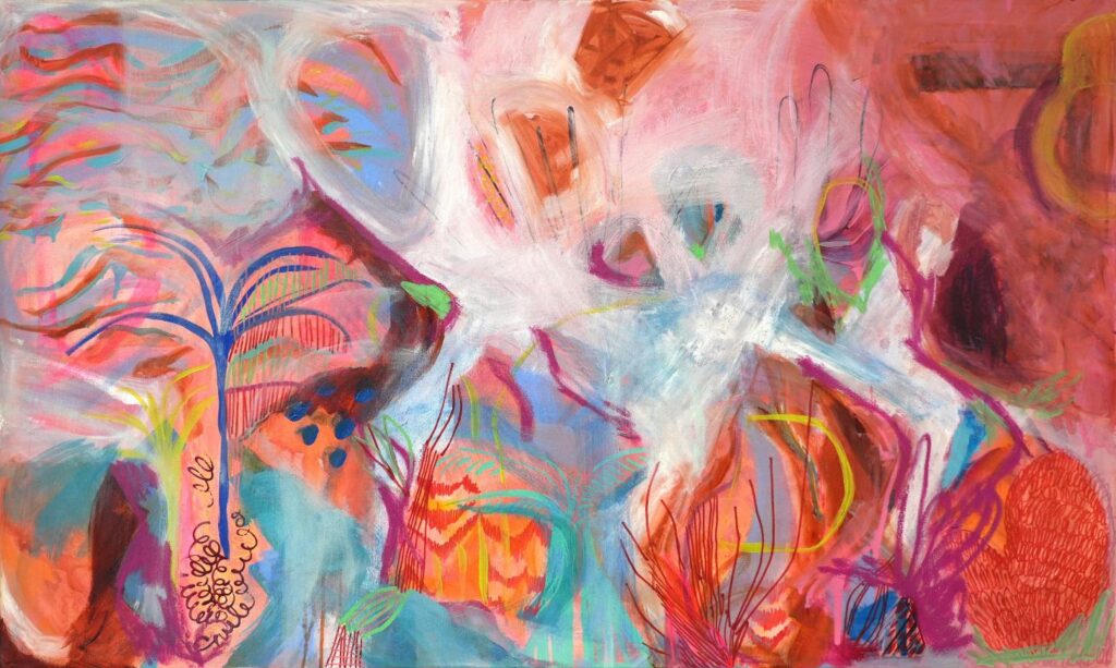 Artist on Show_LetitiaGreen_BetweentheQuiet - St Hilda's Anglican School For Girls Vivid abstract painting in pinks, blues, and greens with swirling organic shapes and plant-like forms.