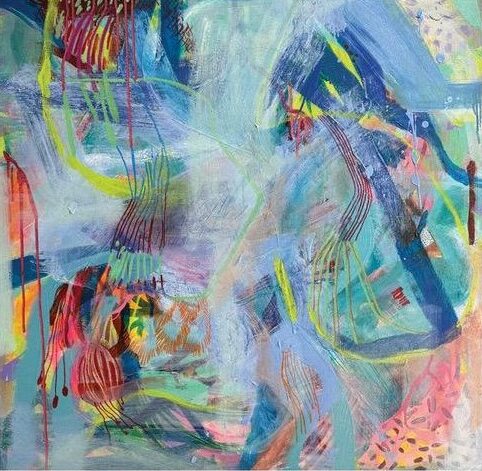Artist on Show_LetitiaGreen_HoldingLight - St Hilda's Anglican School For Girls Non-representational abstract painting with vivid blues, greens, pinks, and yellows, featuring layered brushstrokes and curved lines.