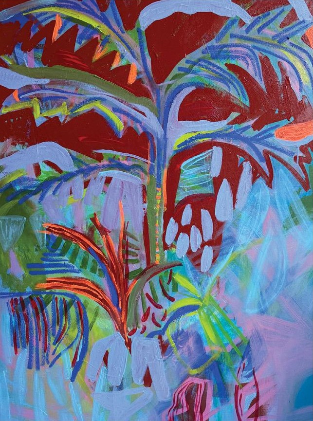 Artist on Show_LetitiaGreen_CanopyOfDreams - St Hilda's Anglican School For Girls Abstract tropical-inspired painting with bold red, blue, and green plant-like shapes and sweeping brushstrokes.