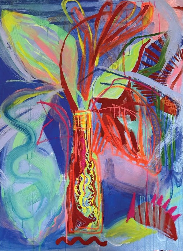 Artist on Show_LetitiaGreen_GatheringLight - St Hilda's Anglican School For Girls Abstract painting of a tall red vase with colorful, spiky stems and leaves against a blue-purple background.