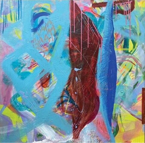 Artist on Show_LetitiaGreen_BluebirdTheory - St Hilda's Anglican School For Girls Abstract painting with bold blues and turquoise shapes, red central form, and multicolored background; titled Holding Light, 910mm × 910mm