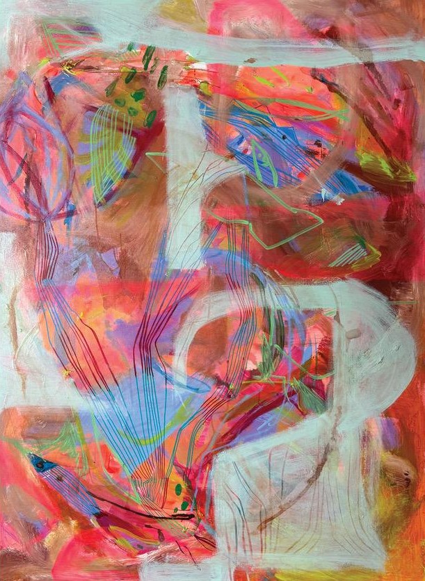 Artist on Show_LetitiaGreen_WhereWeRemember - St Hilda's Anglican School For Girls Abstract colorful painting with red, pink, blue strokes and interwoven lines; vibrant, expressive composition.