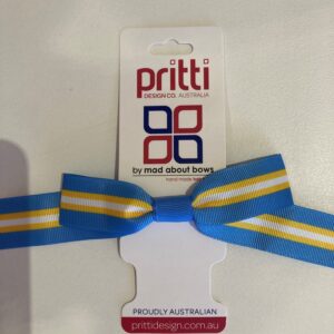 Product tag for Priti Design Co. Australia with a blue and yellow striped hair bow; proudly Australian handmade bow.