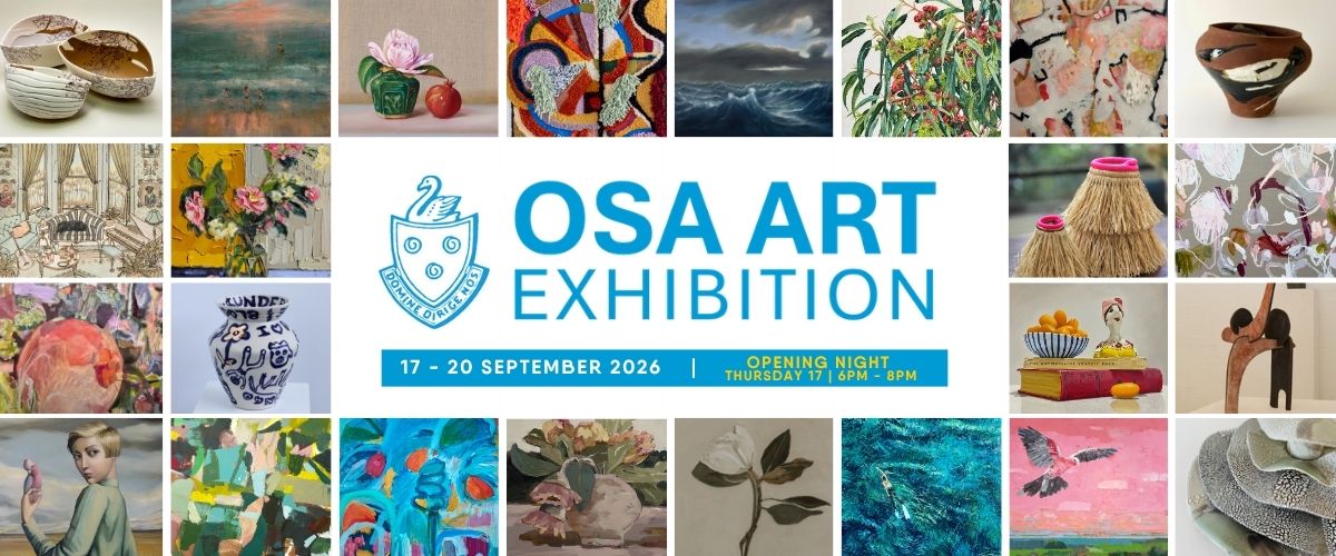 Promotional banner for 'OSA Art Exhibition' featuring artwork collages around a central logo and event dates (Sept 17–20, 2026).