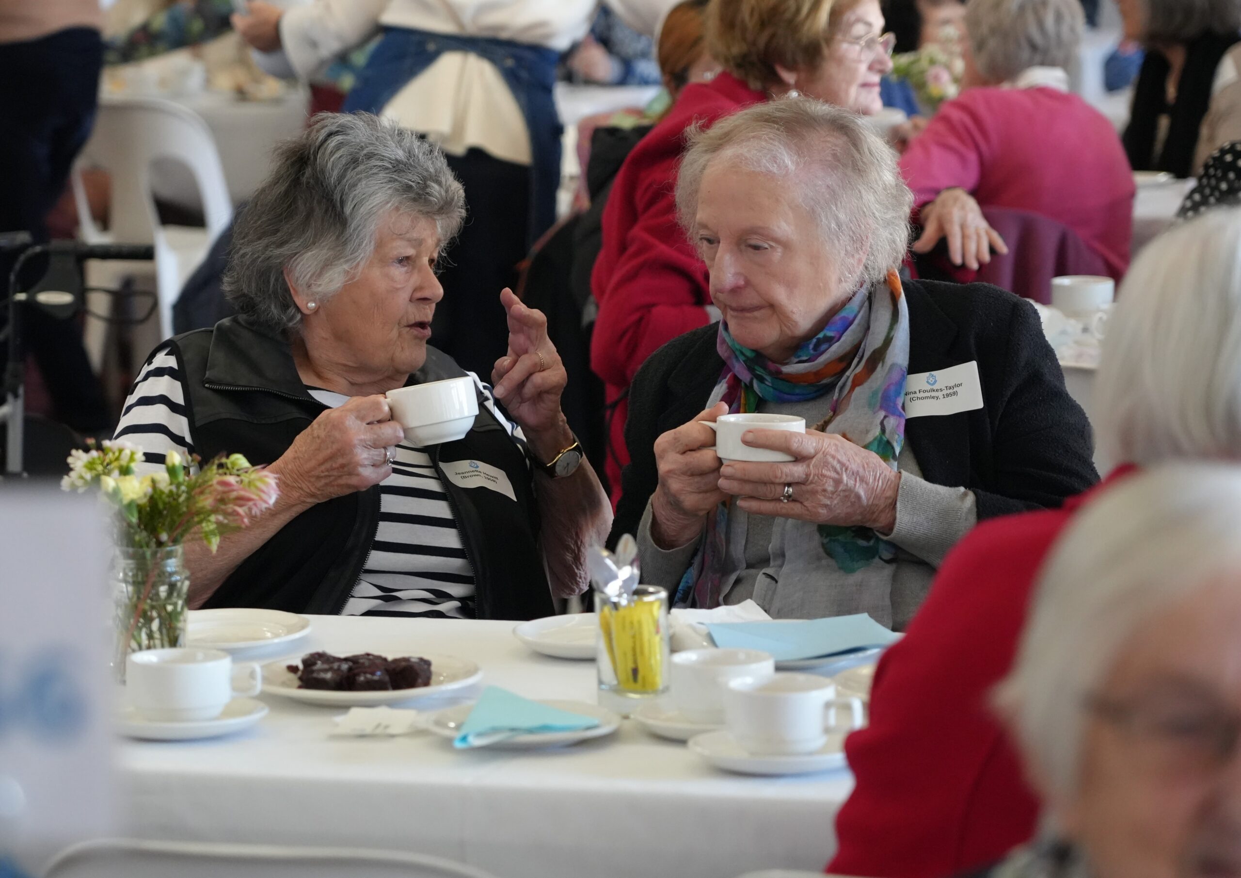 STH08862 - St Hilda's Anglican School For Girls Two elderly women sit at a table, chatting over tea cups with a plate of chocolate treats in front of them at a social gathering.