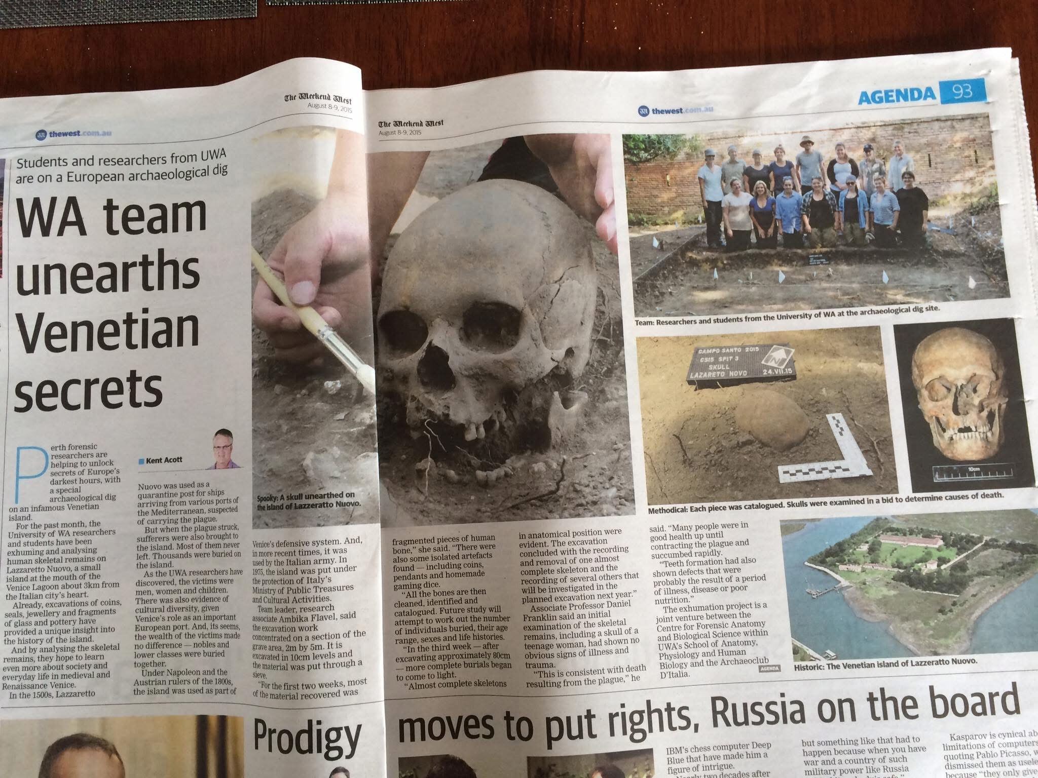 - St Hilda's Anglican School For Girls Newspaper spread showing an archaeology story about a WA team uncovering Venetian secrets, with photos of a skull and a group of researchers at a dig site.