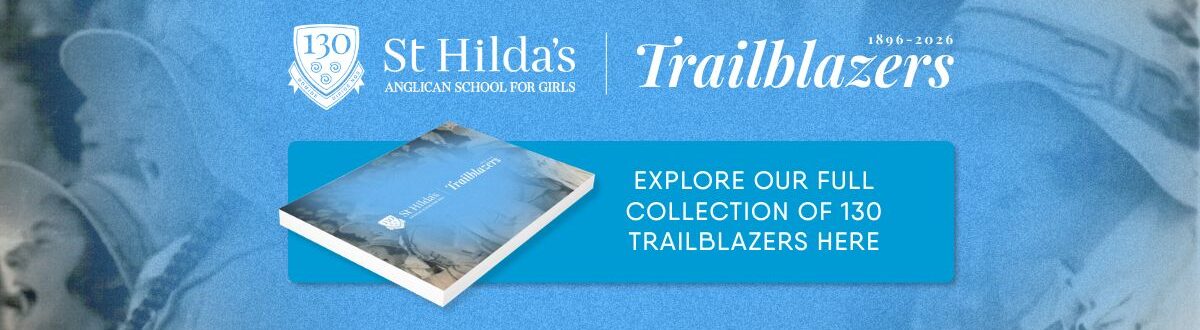 Blue hero banner promoting St Hilda's Trailblazers 130th anniversary, featuring a book graphic and CTA to explore the collection.