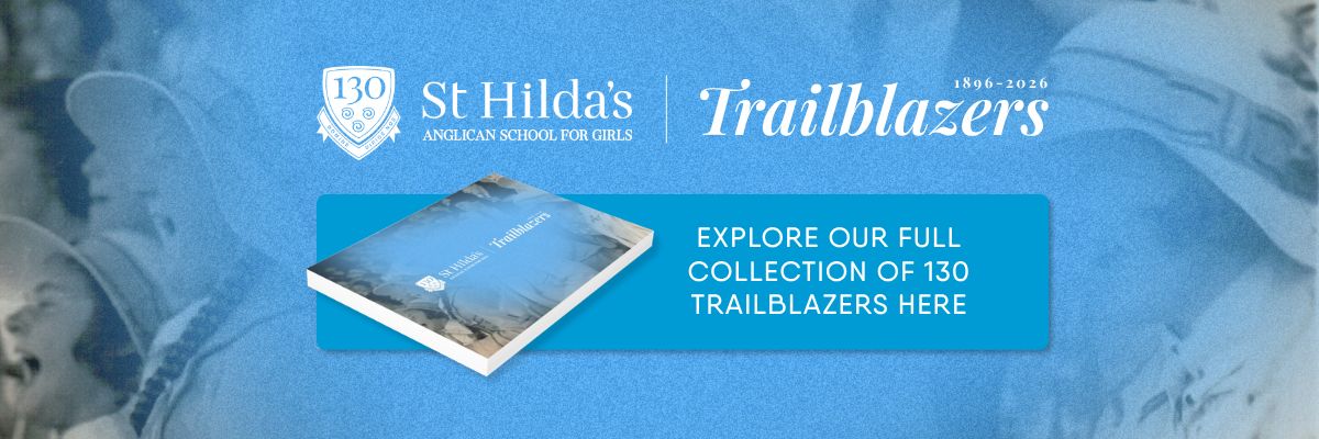 Blue hero banner promoting St Hilda's Trailblazers 130th anniversary, featuring a book graphic and CTA to explore the collection.