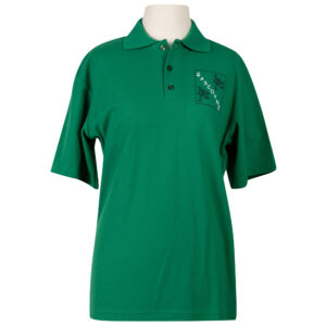 Green polo shirt on a mannequin displaying a square logo with the word GASCOYNE and two small mascot illustrations on the chest.
